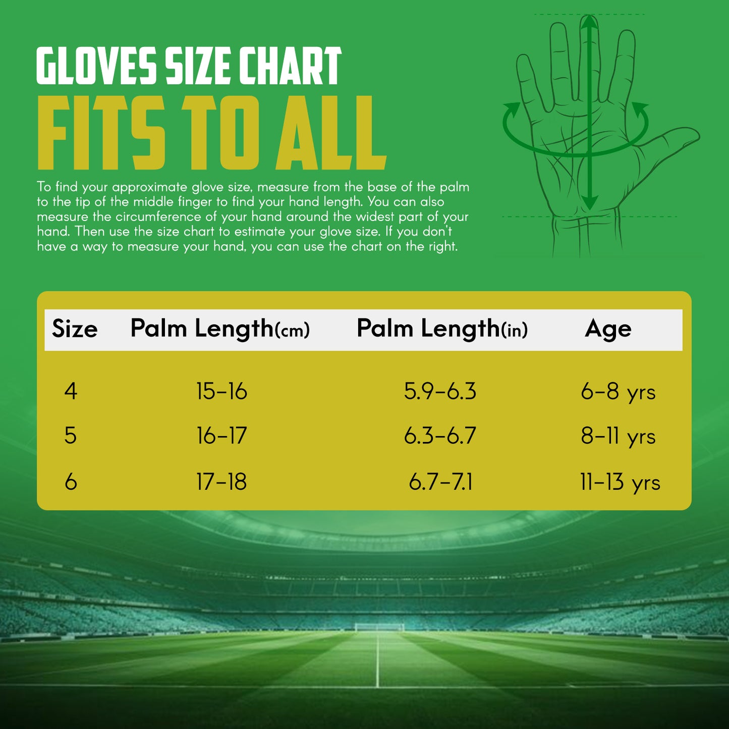 Youth goalkeeper gloves size guide with hand measurement instructions and glove sizing chart for kids ages 6 to 18 years.