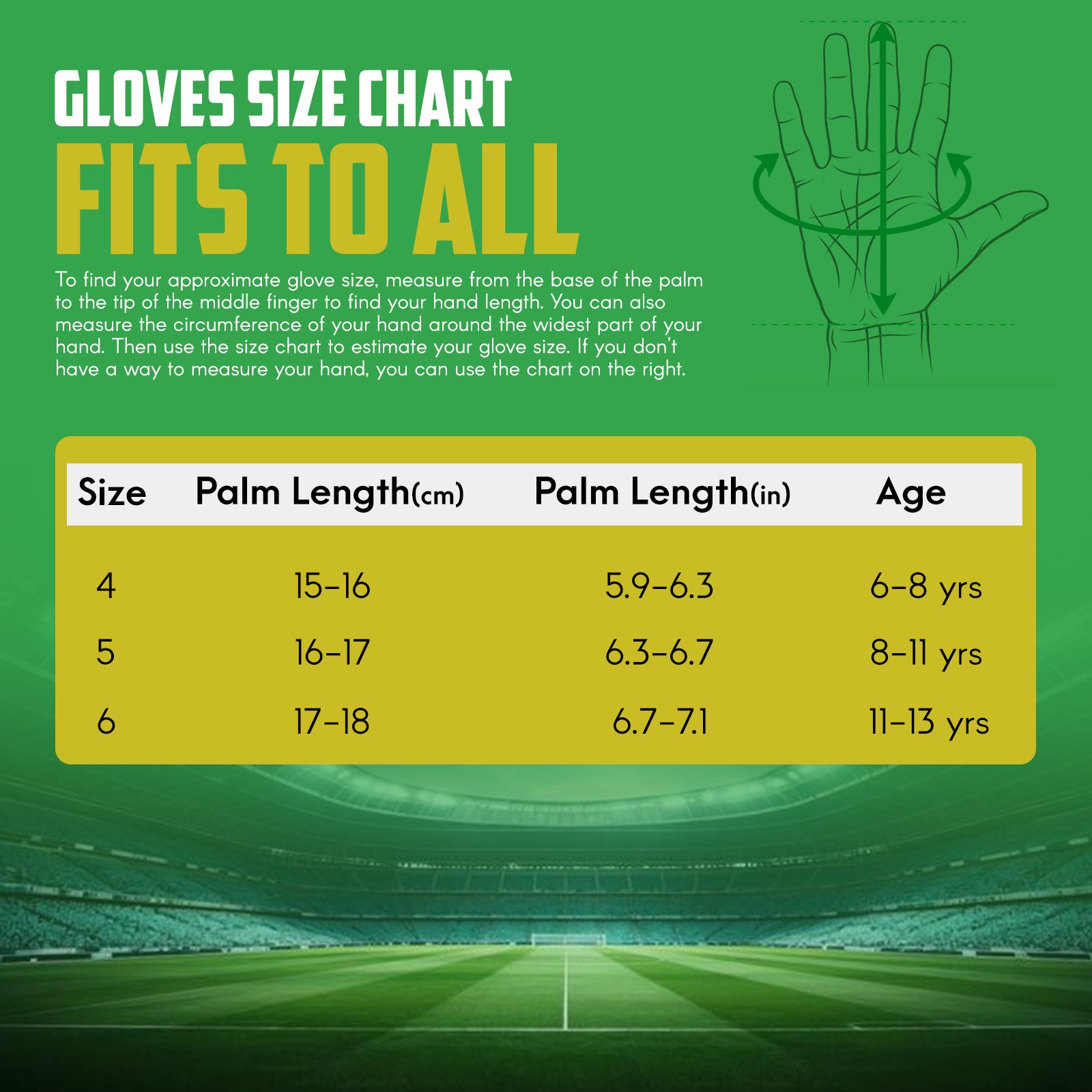 Youth goalkeeper gloves size guide with hand measurement instructions and glove sizing chart for kids ages 6 to 18 years.