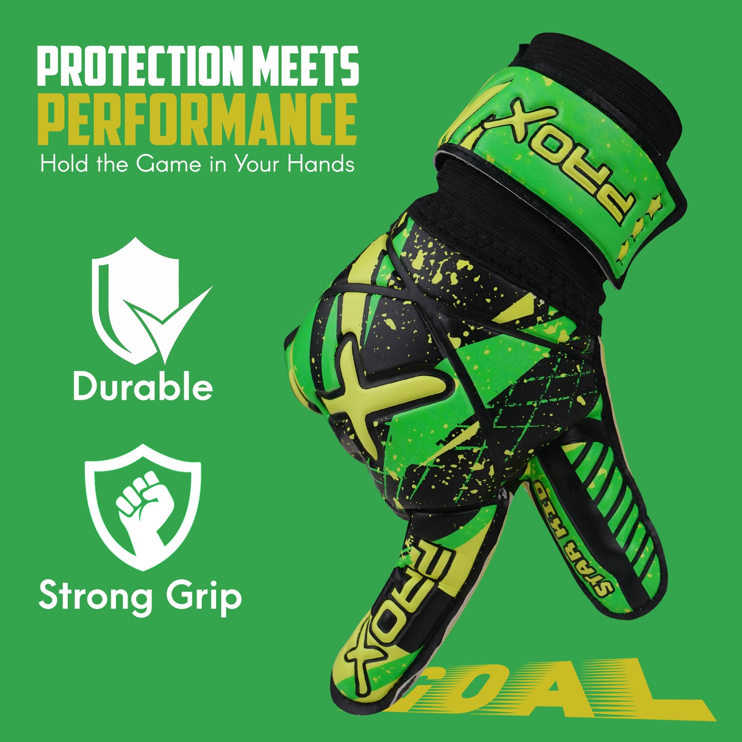Youth goalkeeper gloves with durable backhand protection, strong grip latex palm, and secure fit for soccer training and matches.