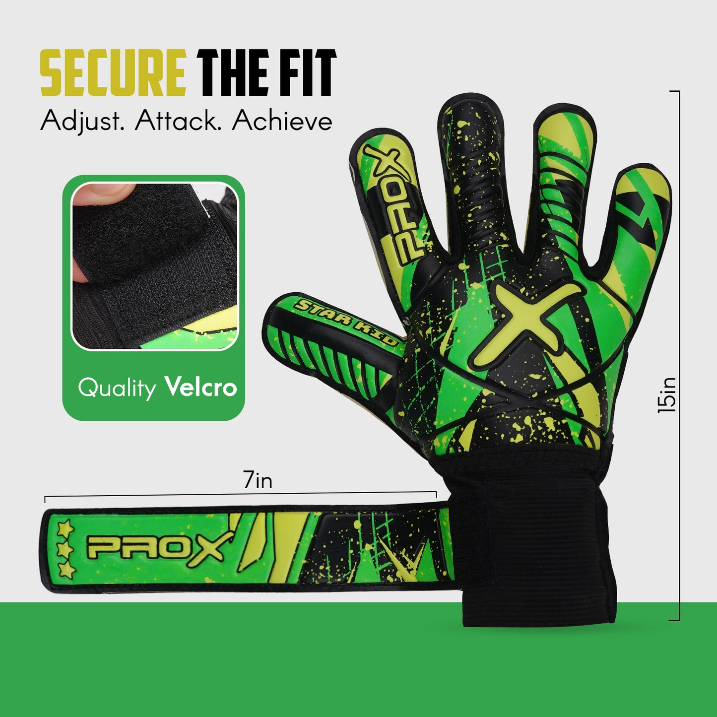 Youth goalkeeper gloves with adjustable Velcro wrist closure, secure fit, and durable wrist support for soccer training and matches.
