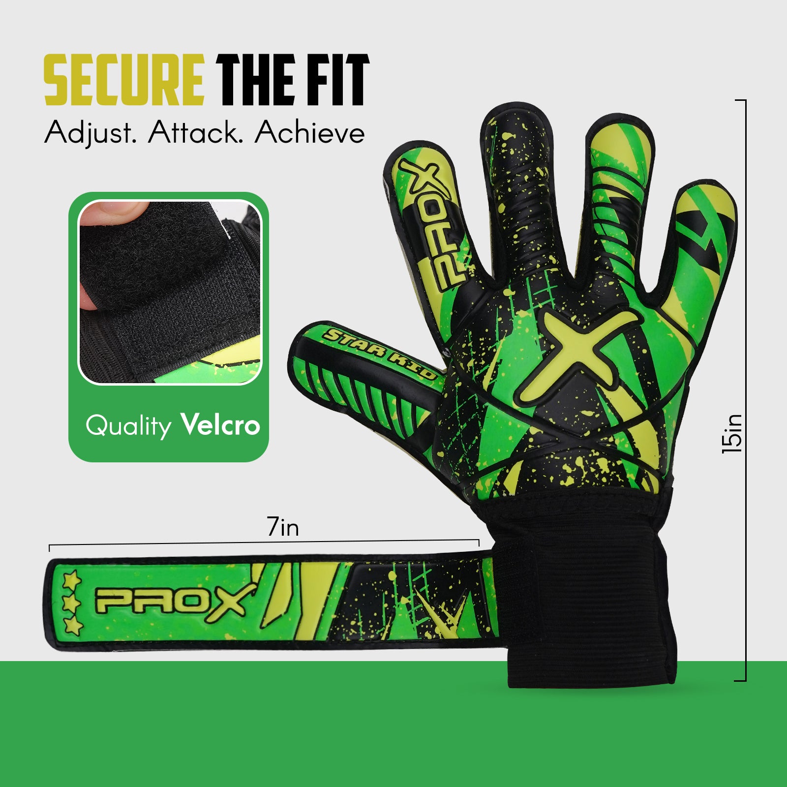 Youth goalkeeper gloves with adjustable Velcro wrist closure, secure fit, and durable wrist support for soccer training and matches.
