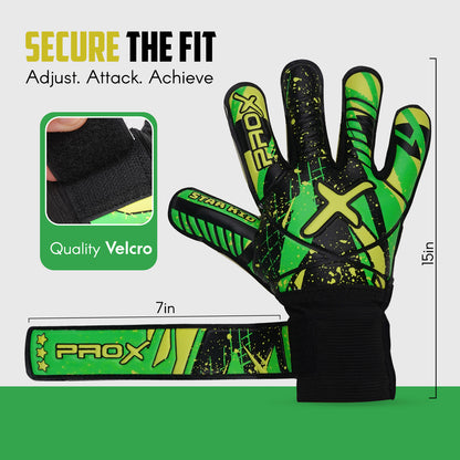 Youth goalkeeper gloves with adjustable Velcro wrist closure, secure fit, and durable wrist support for soccer training and matches.
