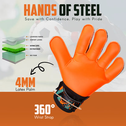 Youth goalkeeper gloves with 4mm latex palm, secure 360-degree wrist support, and enhanced grip for soccer training and matches.