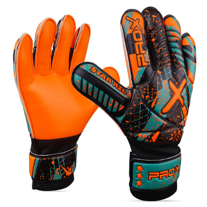 Youth goalkeeper gloves in orange featuring high-grip latex palm, durable backhand protection, and adjustable wrist closure for soccer matches.