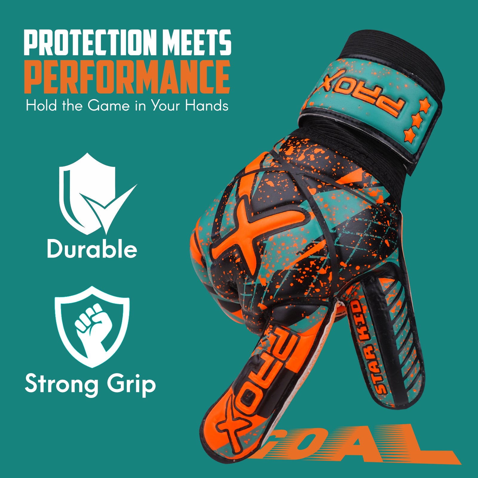Youth goalkeeper gloves in orange designed with durable construction, enhanced grip, and protective backhand padding for soccer matches.
