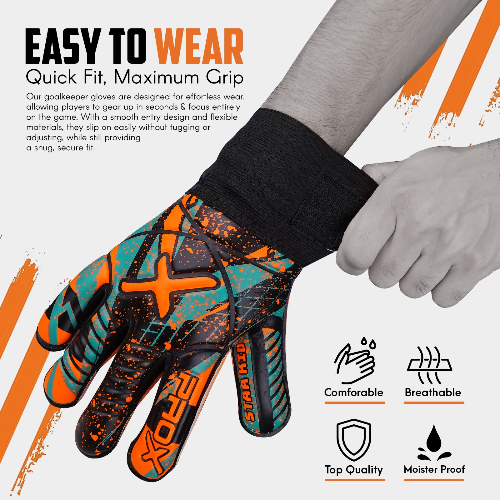 Orange youth goalkeeper gloves with quick fit design, breathable construction, moisture resistance, and comfortable all-day performance.