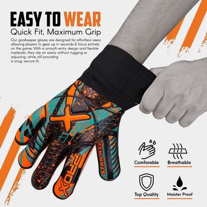 Orange youth goalkeeper gloves with quick fit design, breathable construction, moisture resistance, and comfortable all-day performance.