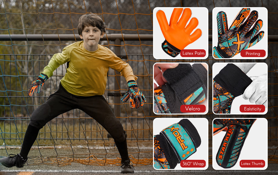 Orange youth goalkeeper gloves highlighting key features including latex palm, secure velcro closure, elastic wrist support, and enhanced thumb protection.