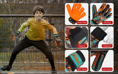 Orange youth goalkeeper gloves highlighting key features including latex palm, secure velcro closure, elastic wrist support, and enhanced thumb protection.