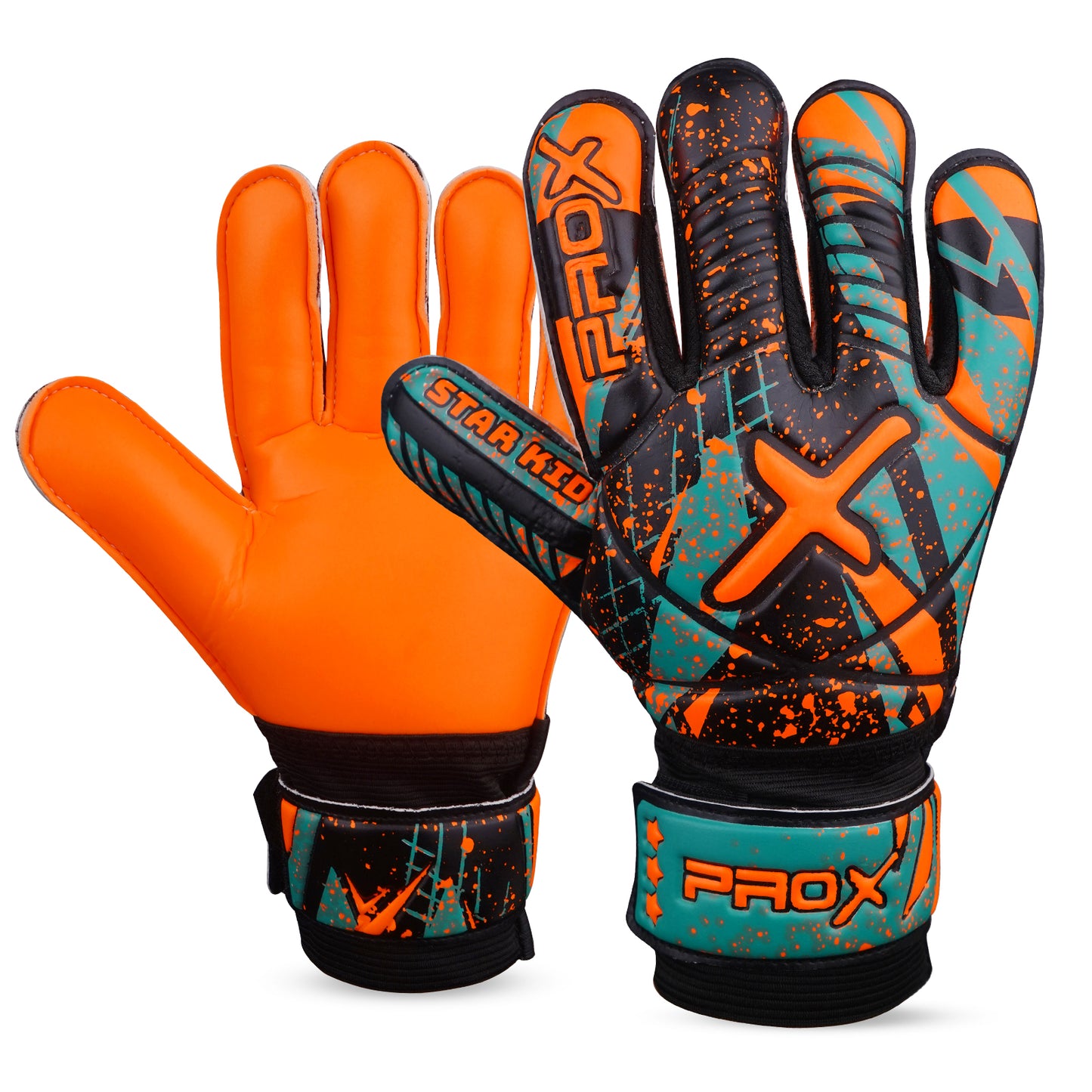 Youth goalkeeper gloves in orange featuring premium latex palm grip, durable backhand protection, and adjustable wrist closure.