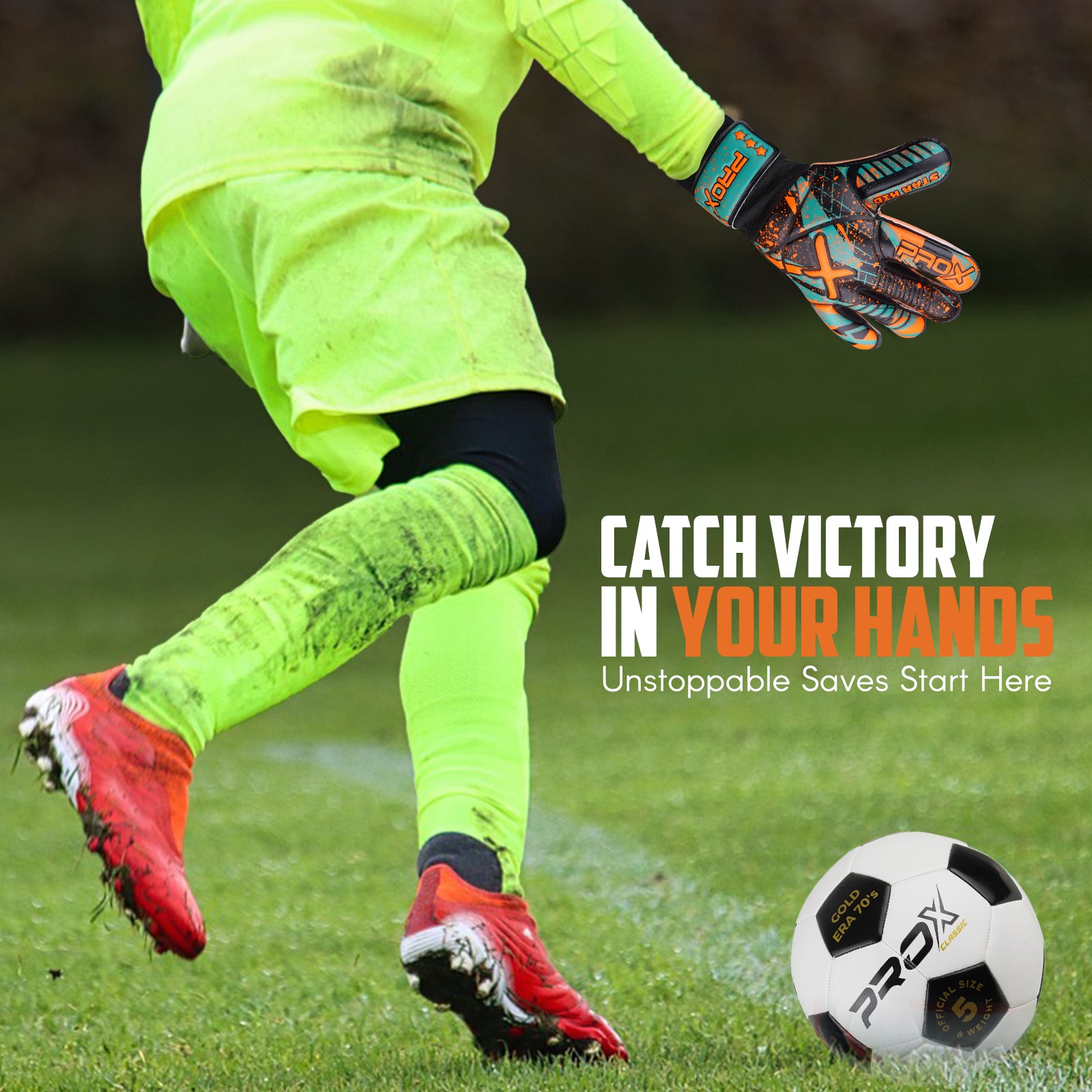 Kids soccer goalkeeper using orange Star Kid goalie gloves during gameplay for improved grip, protection, and ball control.