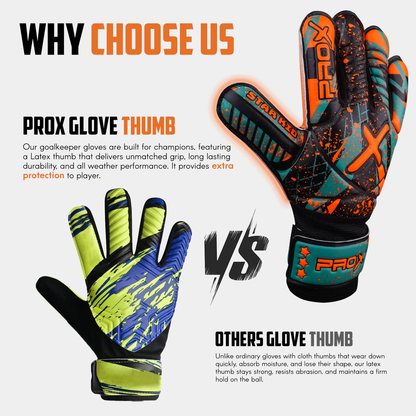 Orange youth goalkeeper gloves with premium latex thumb design for improved grip, durability, and goalkeeper performance.