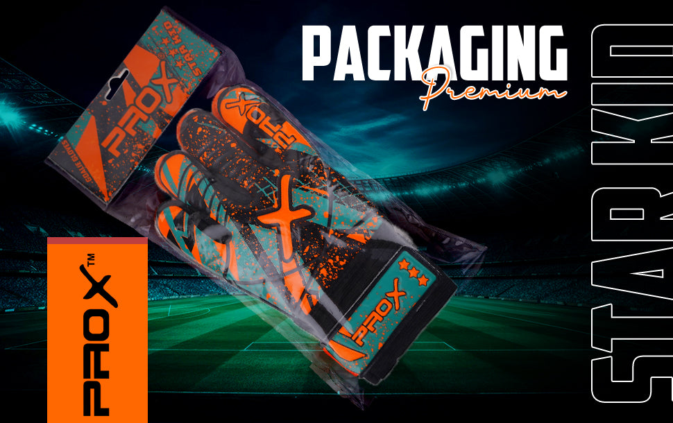 Orange youth goalkeeper gloves in premium packaging showcasing retail-ready presentation and protective storage.