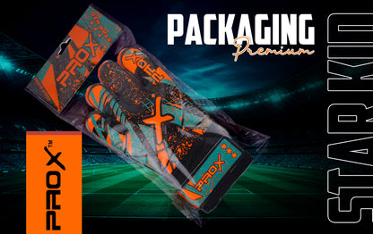 Orange youth goalkeeper gloves in premium packaging showcasing retail-ready presentation and protective storage.