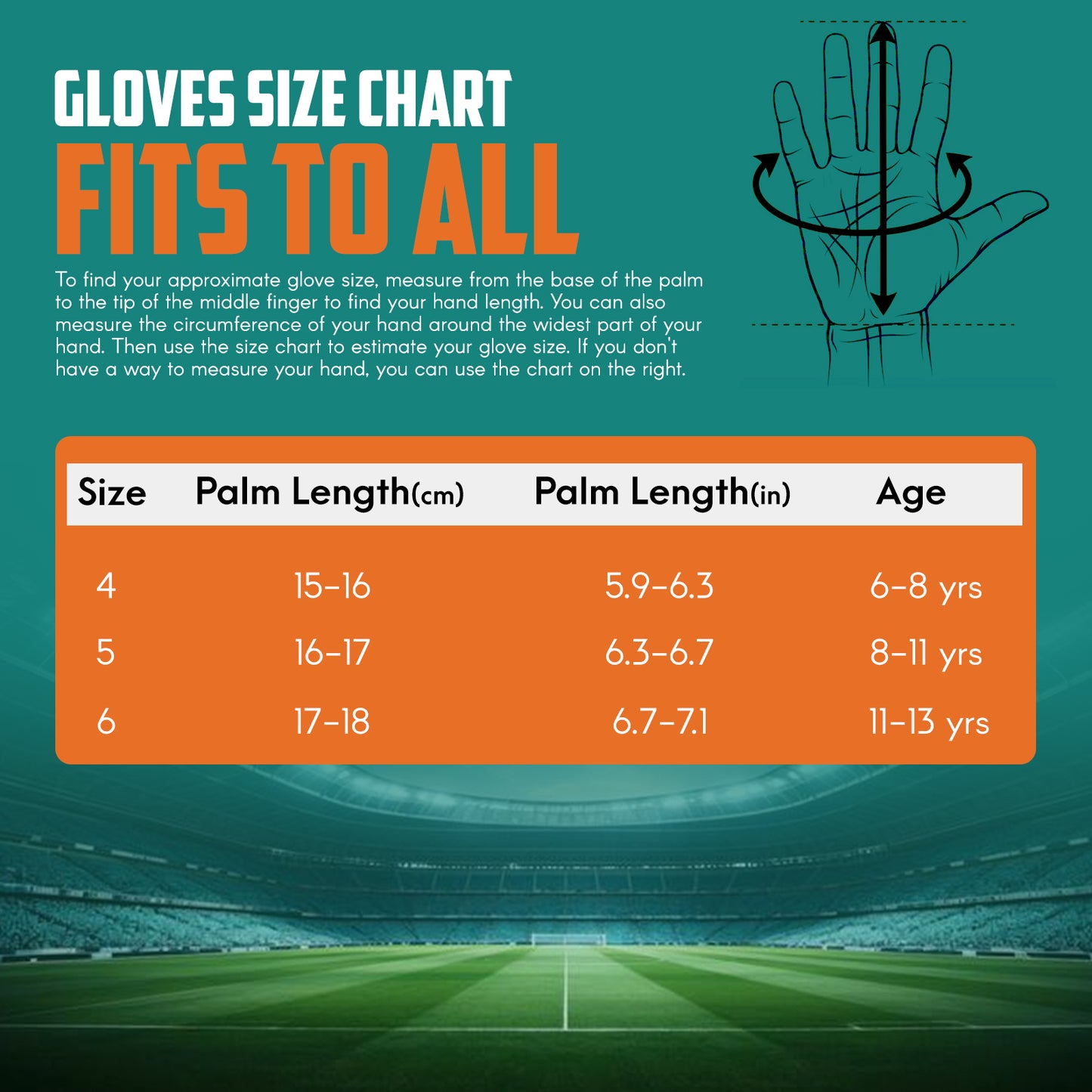 Youth goalkeeper gloves size guide with hand measurement chart and sizing recommendations for kids soccer goalie gloves.
