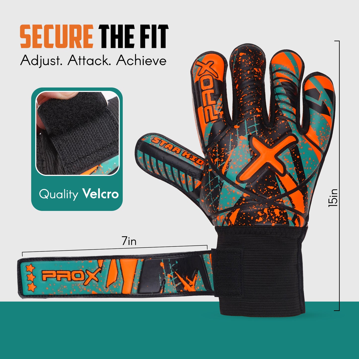Youth goalkeeper gloves with adjustable Velcro wrist closure, secure fit, and durable wrist support for soccer training and matches.