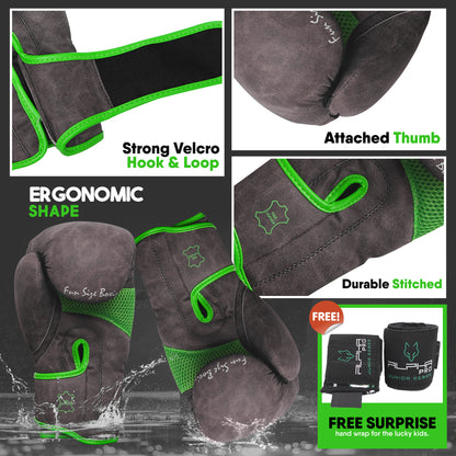 Youth boxing gloves in light brown faux leather with secure hook-and-loop wrist strap, reinforced stitching, attached thumb design, and ergonomic fit for young athletes.