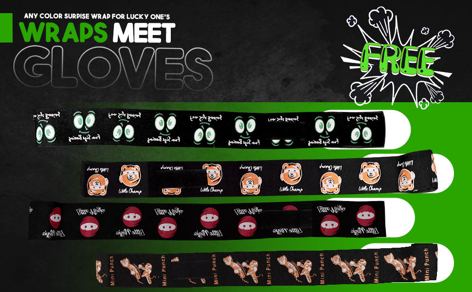 Bonus hand wraps for kids boxing gloves showing multiple cartoon-themed wrap designs that provide added wrist protection and comfort during boxing practice.