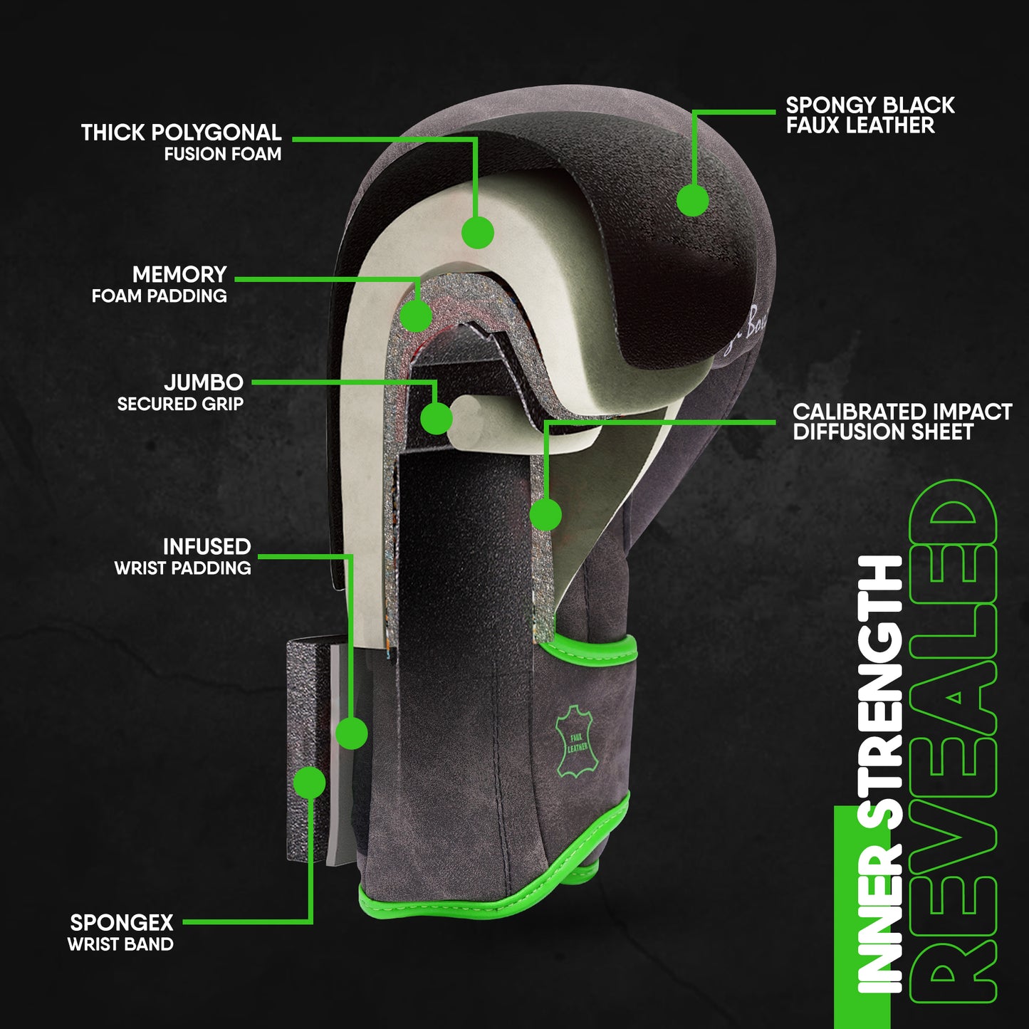 Internal construction of youth boxing gloves featuring thick fusion foam, memory foam padding, secure grip system, reinforced wrist support, and shock-absorbing impact protection.