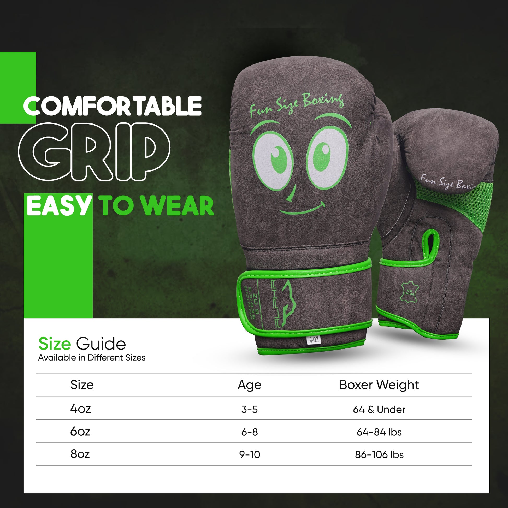Size chart for light brown youth boxing gloves displaying recommended glove sizes by age and boxer weight, with ergonomic fit and secure wrist support.