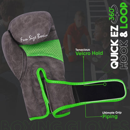 Side view of light brown youth boxing glove featuring hook-and-loop wrist strap, ventilated mesh airflow system, durable faux leather, and comfortable grip design.