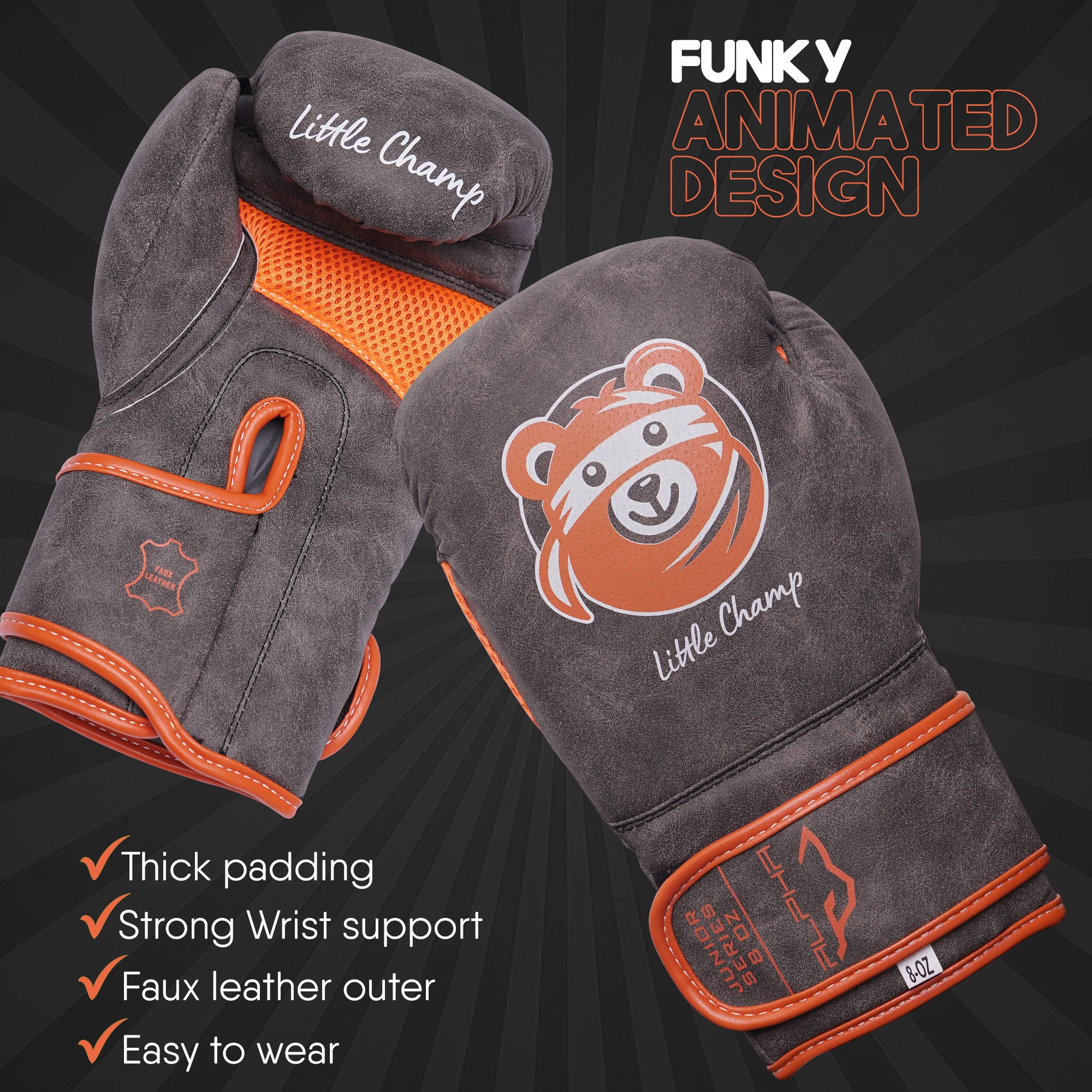 Grey and orange Little Champ kids boxing gloves with animated bear graphic, reinforced wrist support, protective padding, and easy-to-wear design for young athletes.