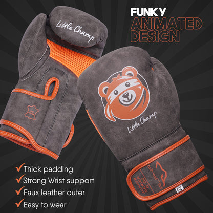 Grey and orange Little Champ kids boxing gloves with animated bear graphic, reinforced wrist support, protective padding, and easy-to-wear design for young athletes.