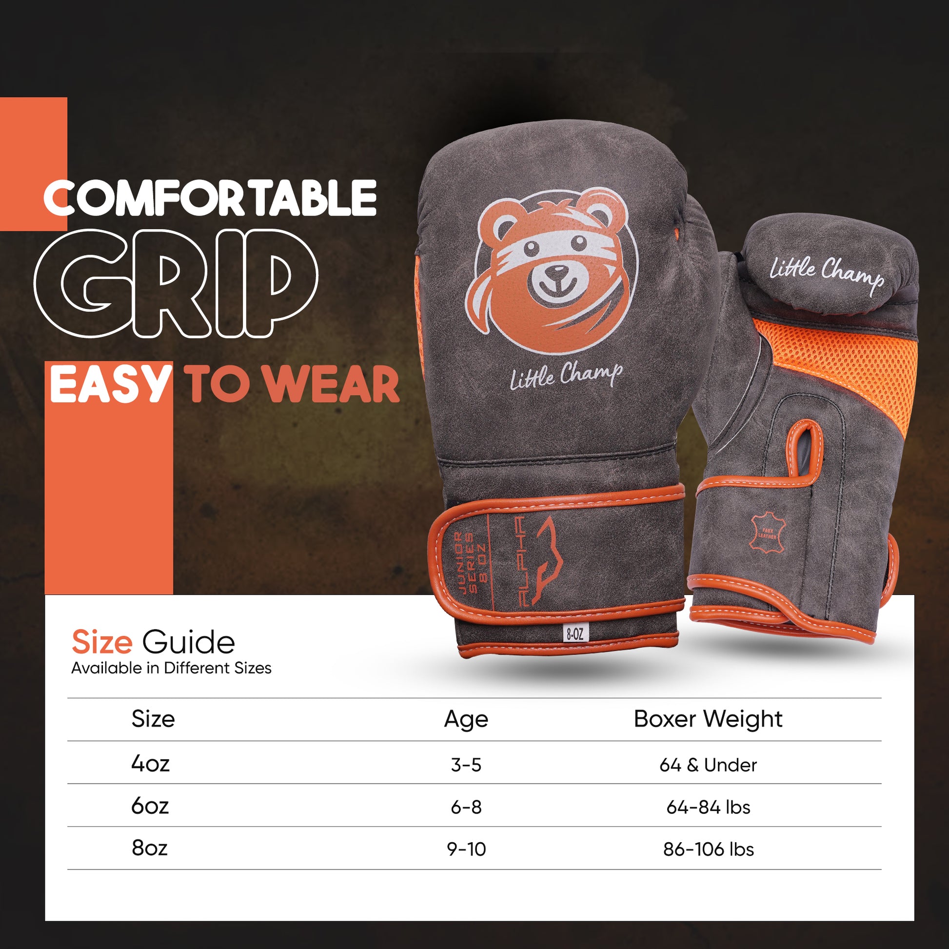 Size chart for Little Champ kids boxing gloves featuring grey and orange gloves with sizing recommendations by age and boxer weight for proper fit and protection.