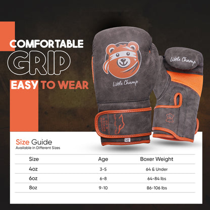 Size chart for Little Champ kids boxing gloves featuring grey and orange gloves with sizing recommendations by age and boxer weight for proper fit and protection.