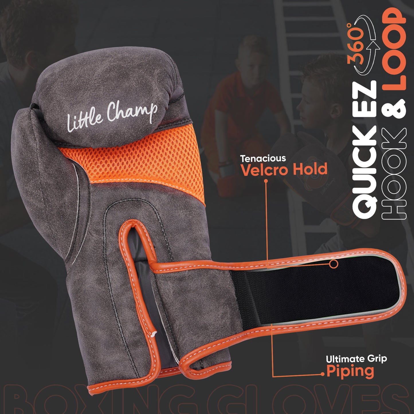 Grey and orange Little Champ kids boxing glove showcasing secure Velcro wrist strap, ventilated mesh design, and comfortable fit for beginner boxing and fitness training.