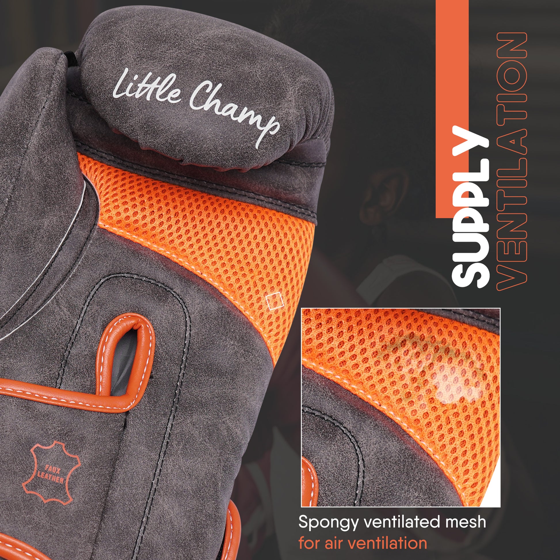Close-up of Little Champ kids boxing glove showing breathable mesh ventilation system, orange airflow panel, and protective design for young boxers.