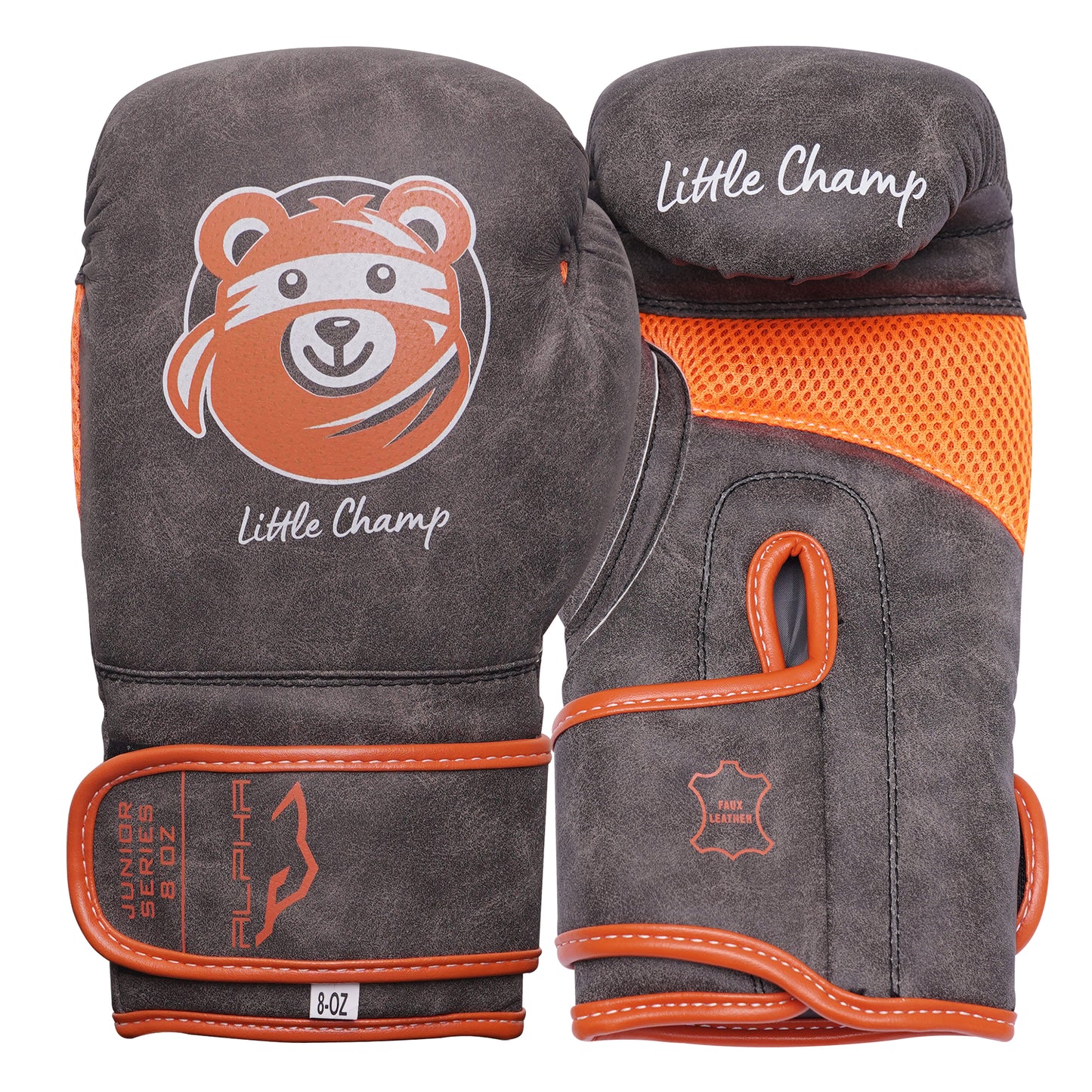 Grey and orange Little Champ kids boxing gloves showing front and back design with ventilated mesh, hook-and-loop closure, and protective padding for young boxers.