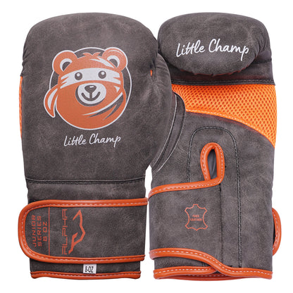 Grey and orange Little Champ kids boxing gloves showing front and back design with ventilated mesh, hook-and-loop closure, and protective padding for young boxers.