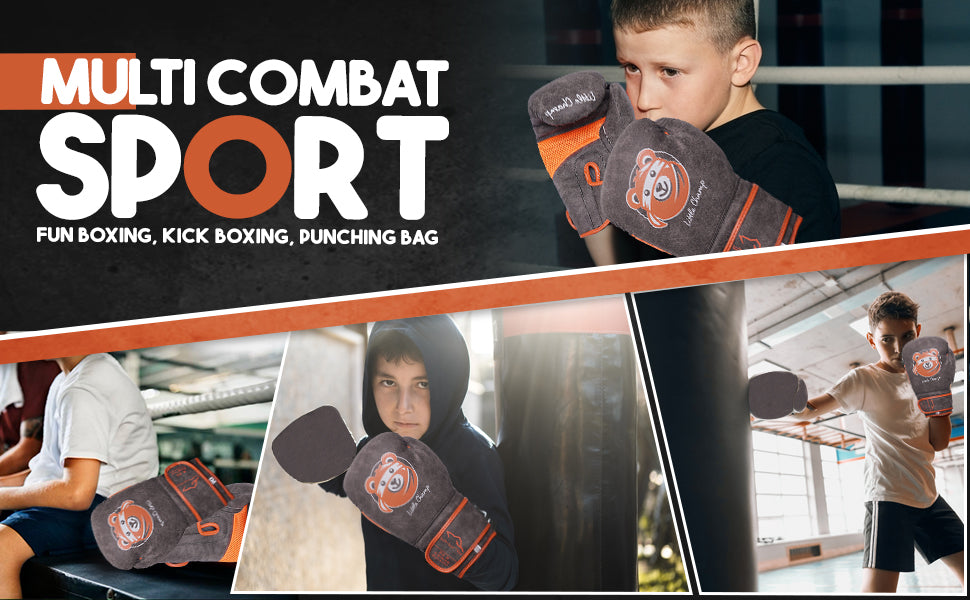 Children training with Little Champ boxing gloves for boxing, kickboxing, fitness workouts, and punching bag practice in the gym.