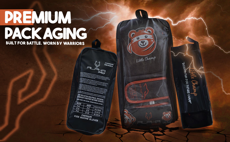 Premium packaging for Little Champ kids boxing gloves includes reusable storage bag, youth boxing gloves, and complimentary hand wraps for young athletes.