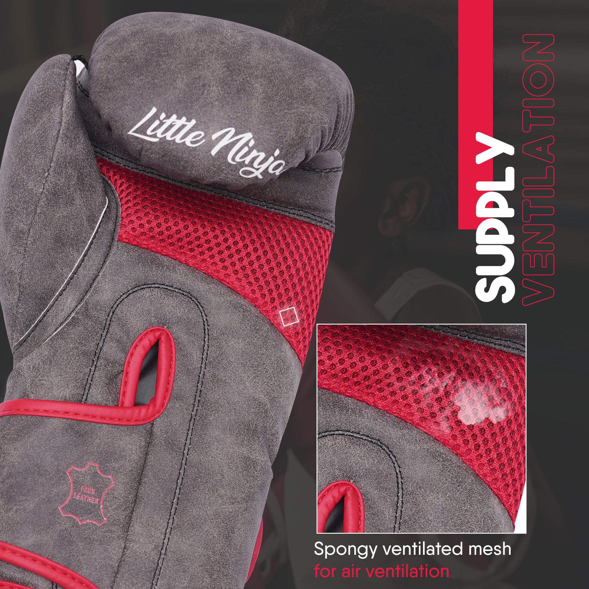 Grey and red Little Ninja youth boxing gloves featuring ventilated mesh fabric for improved airflow, comfort, and performance during boxing workouts.