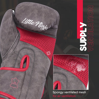 Grey and red Little Ninja youth boxing gloves featuring ventilated mesh fabric for improved airflow, comfort, and performance during boxing workouts.