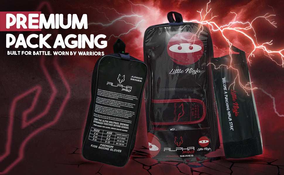 Premium packaging for Little Ninja youth boxing gloves with storage bag and accessories, designed for kids' boxing training and gifting.