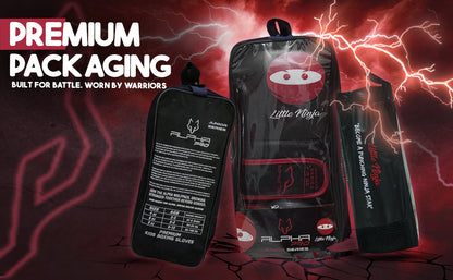 Premium packaging for Little Ninja youth boxing gloves with storage bag and accessories, designed for kids' boxing training and gifting.