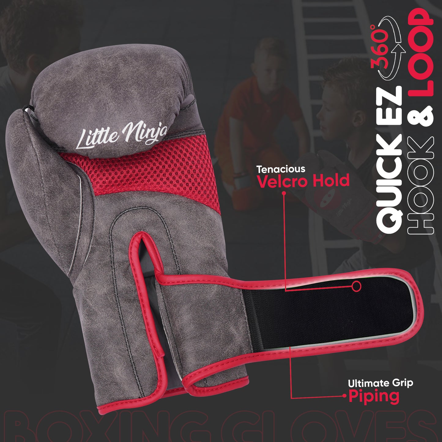Grey and red Little Ninja youth boxing gloves with adjustable Velcro strap, ergonomic wrist support, and breathable mesh design for children's boxing practice.