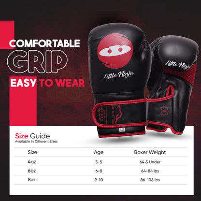 Youth boxing glove sizing chart for Little Ninja gloves, helping parents choose the correct size according to age and weight.