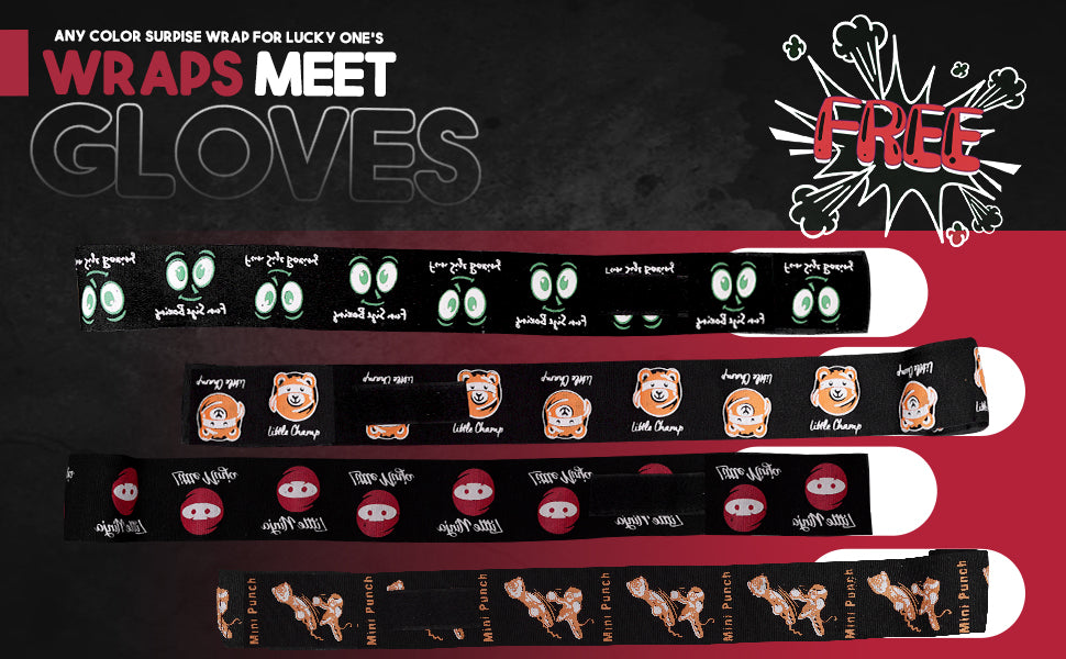 Bonus hand wraps for kids boxing gloves featuring Little Ninja, Little Champ, Mini Punch, and Fun Size Boxing designs included free with purchase.