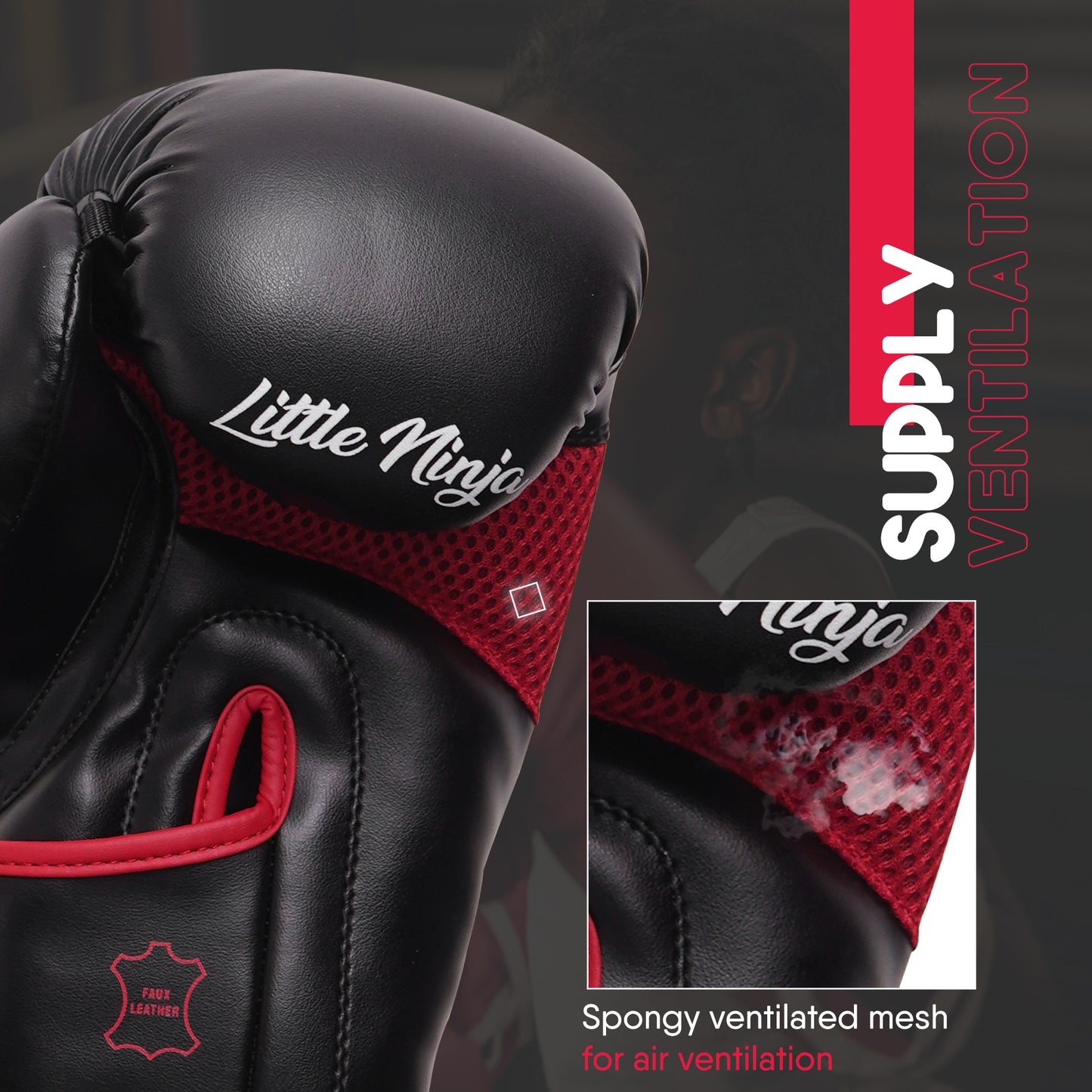 Close-up of Little Ninja youth boxing gloves showing ventilated mesh fabric for enhanced breathability, comfort, and airflow during boxing workouts.
