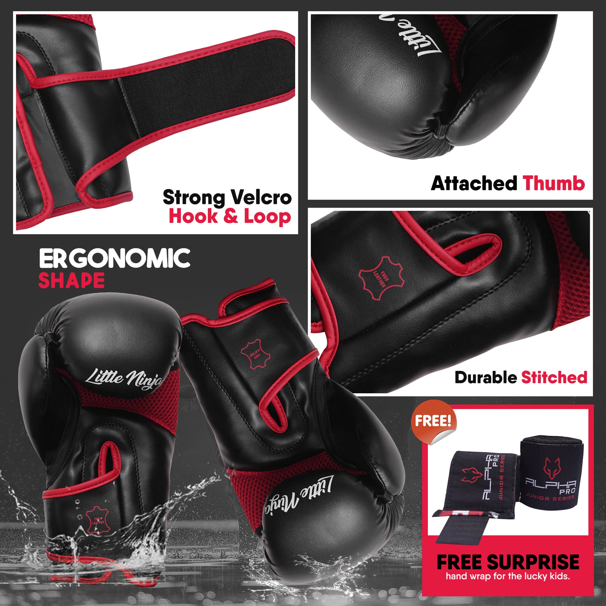 Feature overview of Little Ninja youth boxing gloves highlighting secure wrist strap, attached thumb protection, reinforced stitching, ergonomic fit, and complimentary hand wraps.