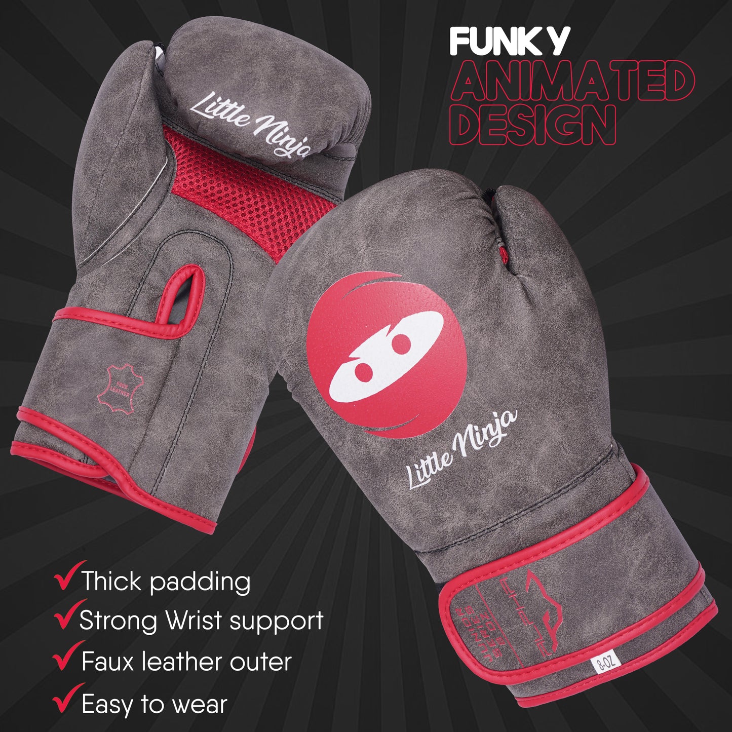 Pair of Little Ninja youth boxing gloves with reinforced wrist support, protective padding, faux leather construction, and child-friendly boxing training design.