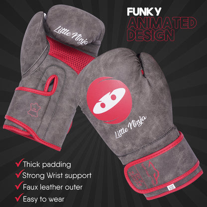 Pair of Little Ninja youth boxing gloves with reinforced wrist support, protective padding, faux leather construction, and child-friendly boxing training design.