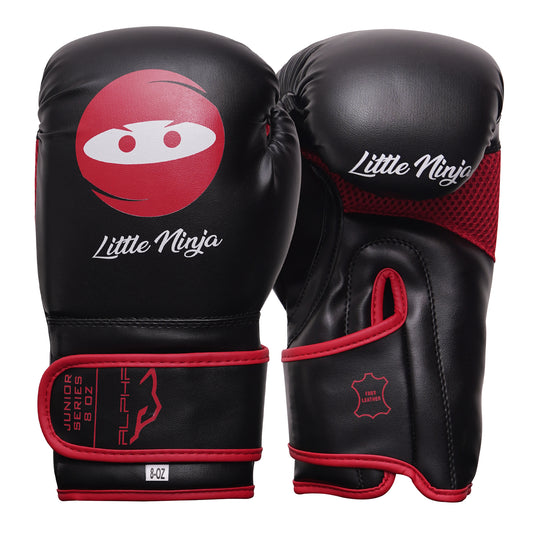 Front and back view of Little Ninja youth boxing gloves with red trim, ventilated mesh panel, hook-and-loop wrist closure, and protective padding for boxing training.