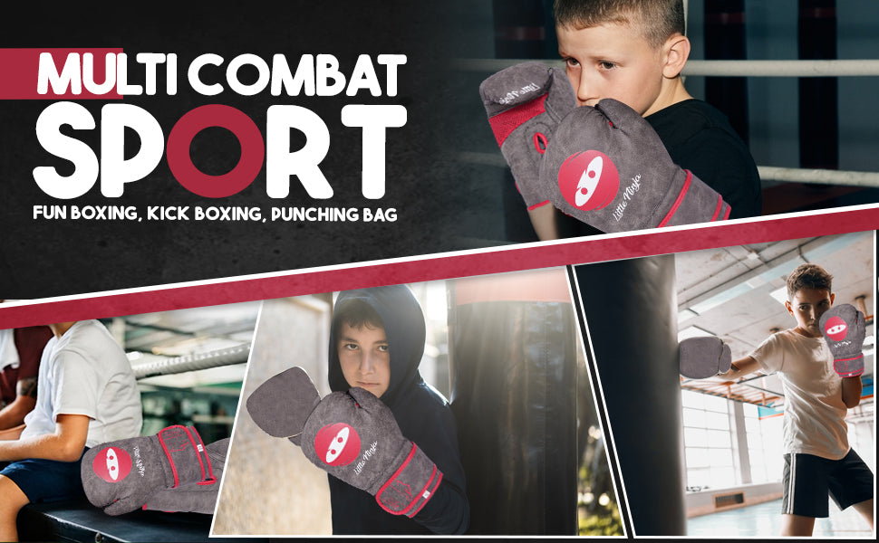 Little Ninja youth boxing gloves used by children during boxing training, kickboxing sessions, fitness workouts, and heavy bag practice.