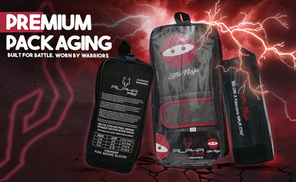 Premium retail packaging for Little Ninja youth boxing gloves including reusable carry bag, storage cover, and boxing gloves for kids training and fitness.