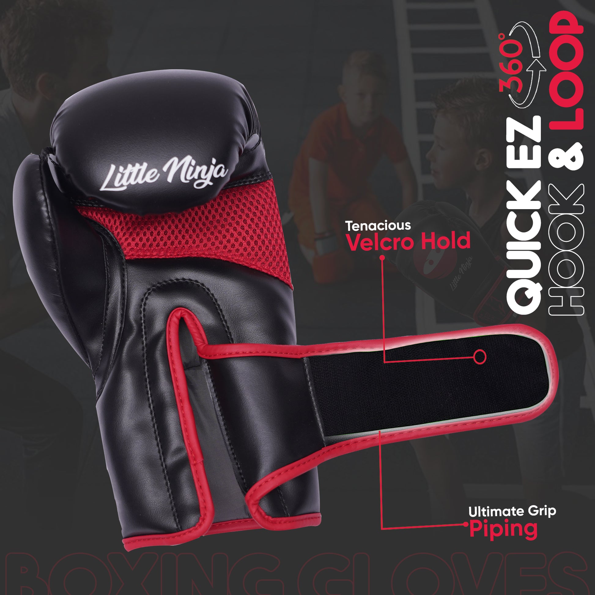 Side view of Little Ninja youth boxing gloves showing adjustable Velcro strap, strong wrist support, and ventilated mesh panel for comfort during boxing workouts.
